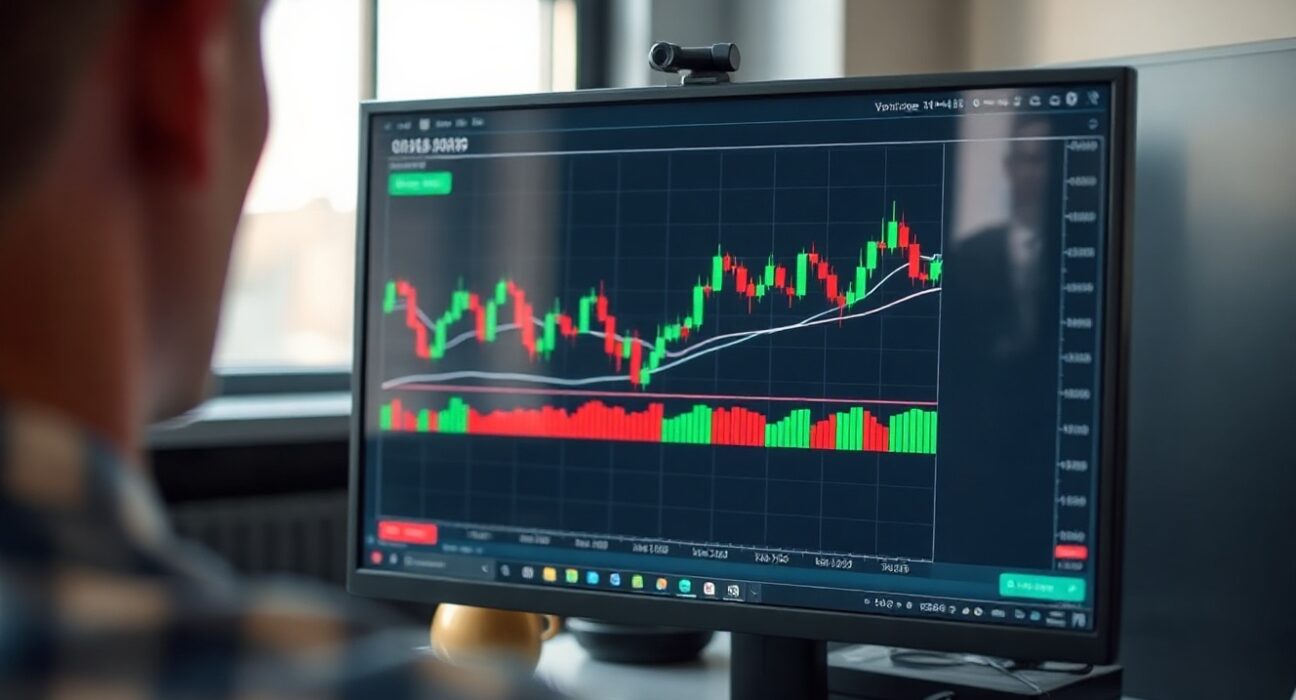 Cryptocurrency trading chart on a monitor showing declining volume in a modern office setting.