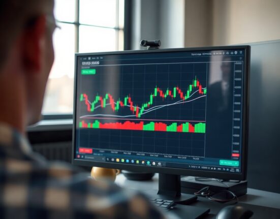 Cryptocurrency trading chart on a monitor showing declining volume in a modern office setting.