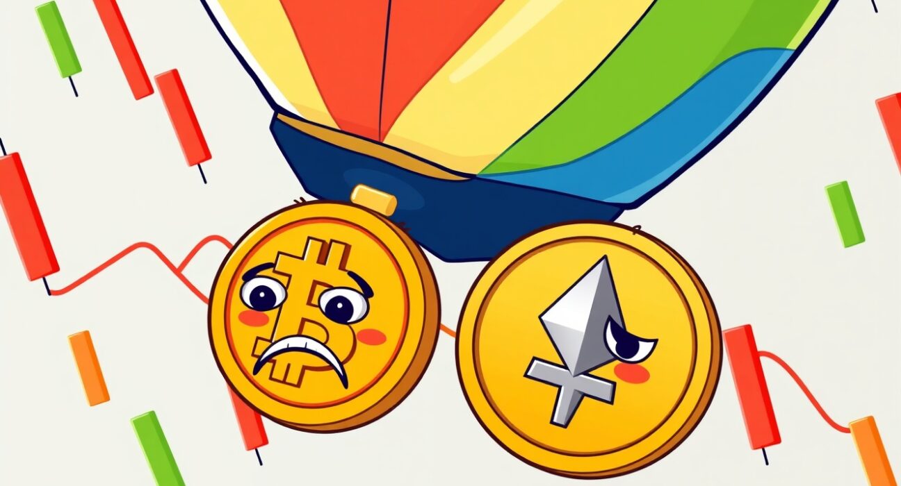 Cartoon illustrating the sharp 20% drop in crypto trading volumes during a market downturn.