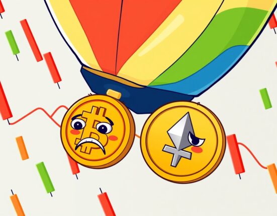 Cartoon illustrating the sharp 20% drop in crypto trading volumes during a market downturn.