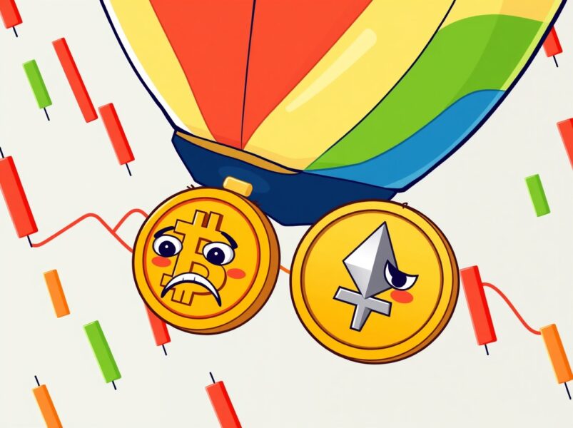 Cartoon illustrating the sharp 20% drop in crypto trading volumes during a market downturn.
