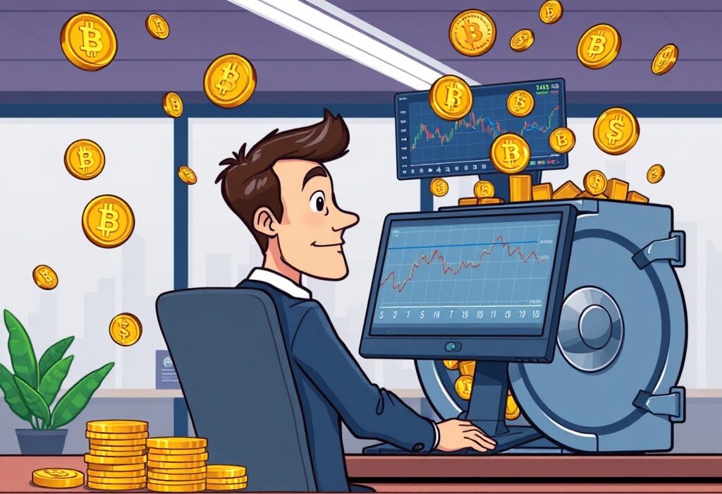 A cartoon image illustrating 707 Cayman Holdings' strategic move to build a significant crypto treasury with digital assets like Bitcoin and Ethereum.