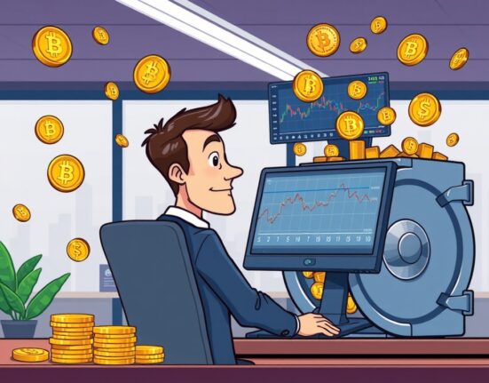 A cartoon image illustrating 707 Cayman Holdings' strategic move to build a significant crypto treasury with digital assets like Bitcoin and Ethereum.