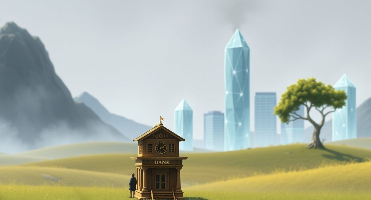 Illustration of the looming 2026 crypto treasury crisis showing fragile digital asset structures next to solid traditional finance.