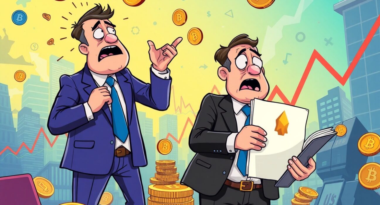 Business executives struggling with collapsing crypto treasury strategies during market downturn