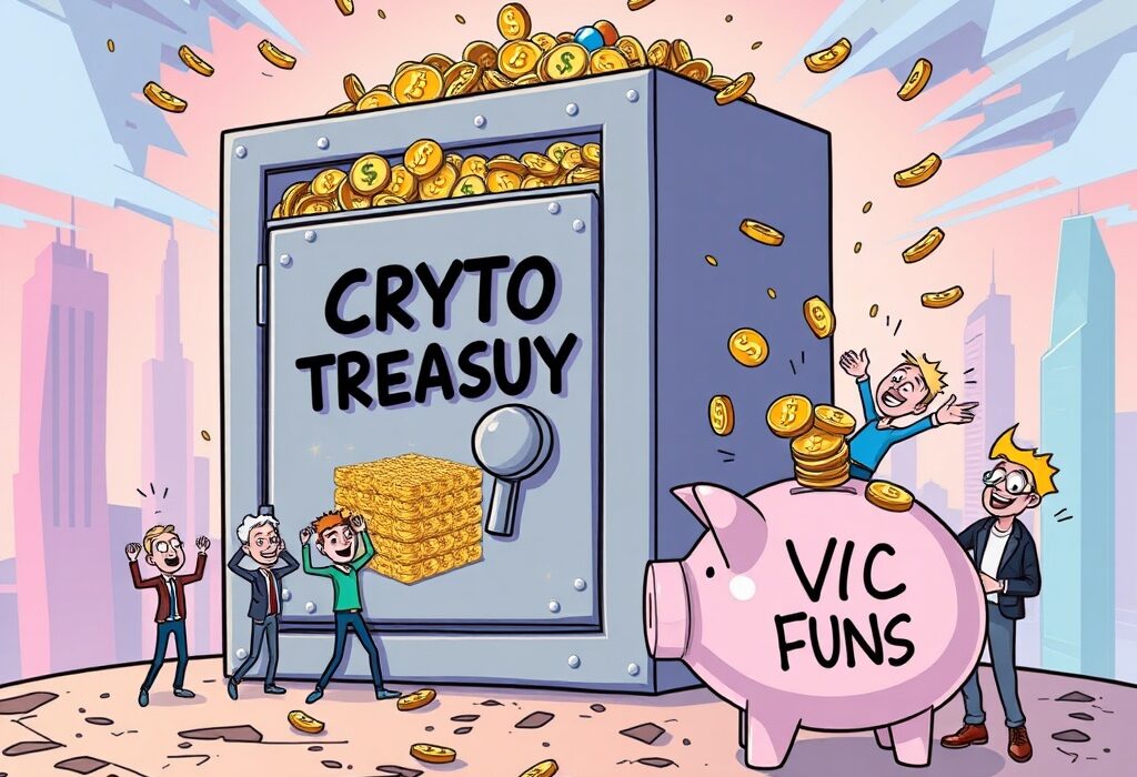 A cartoon shows robust crypto treasury strategies outperforming traditional VC, symbolizing the massive shift in digital asset funding.