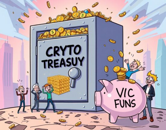 A cartoon shows robust crypto treasury strategies outperforming traditional VC, symbolizing the massive shift in digital asset funding.