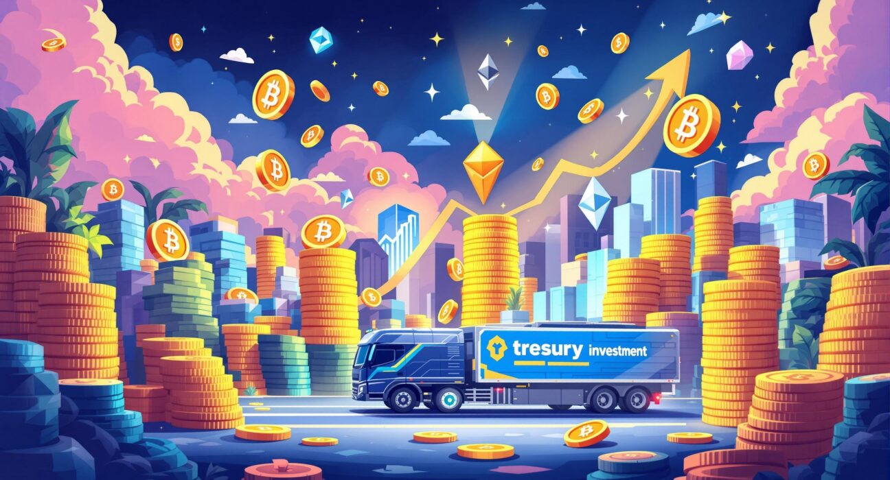 A vibrant cartoon illustrating the surging U.S. crypto treasury vehicles volume, showing digital assets and financial growth.