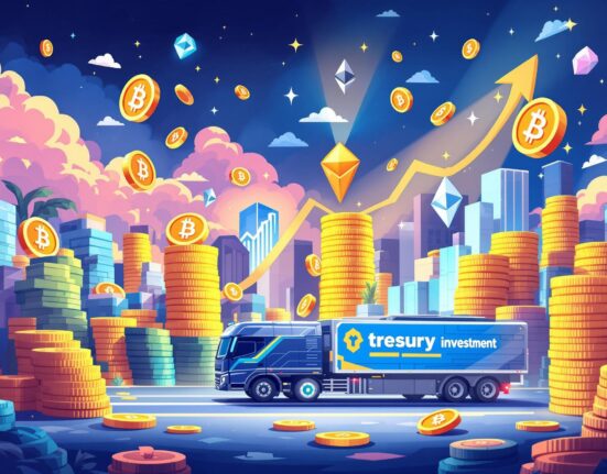 A vibrant cartoon illustrating the surging U.S. crypto treasury vehicles volume, showing digital assets and financial growth.