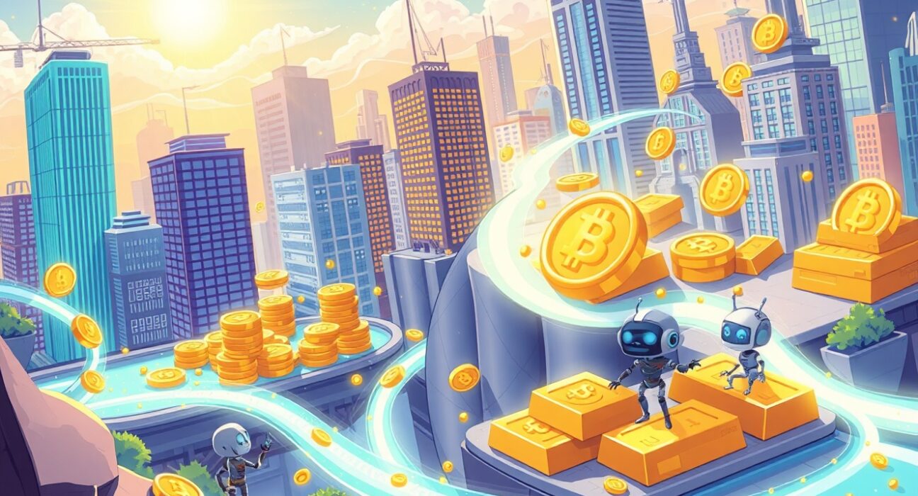 A vibrant cartoon illustrating the key crypto trends 2026, showing digital and real-world assets merging into blockchain streams.