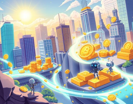 A vibrant cartoon illustrating the key crypto trends 2026, showing digital and real-world assets merging into blockchain streams.