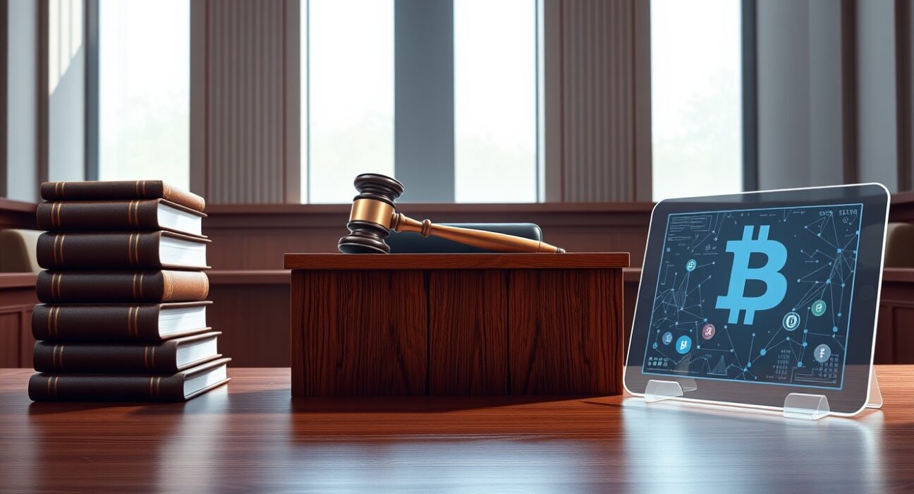 Legal challenge to OCC crypto trust charters with banking and cryptocurrency symbols in courtroom