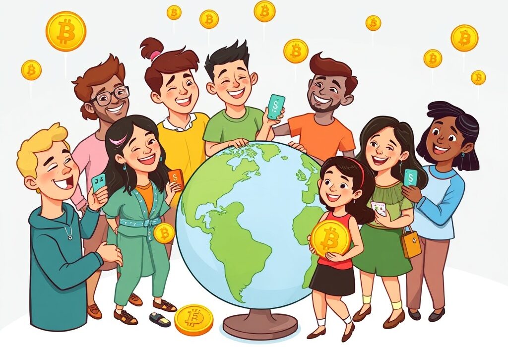 Global network of diverse people connecting through digital transactions, illustrating the future growth of crypto users to 5 billion.