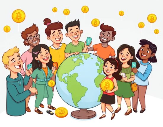 Global network of diverse people connecting through digital transactions, illustrating the future growth of crypto users to 5 billion.