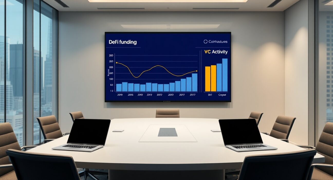 A modern boardroom with a digital screen showing declining DeFi funding and stable VC activity charts.