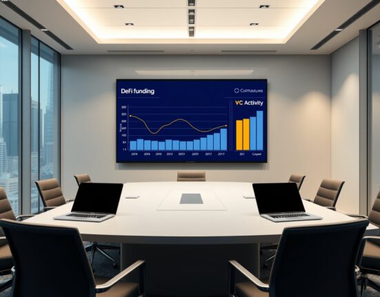 A modern boardroom with a digital screen showing declining DeFi funding and stable VC activity charts.