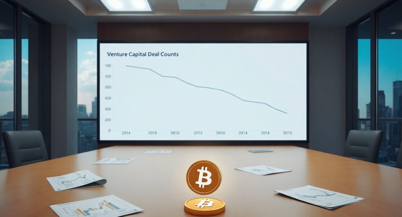 Boardroom with digital screen showing declining crypto VC deal count graph and a Bitcoin token on the table.