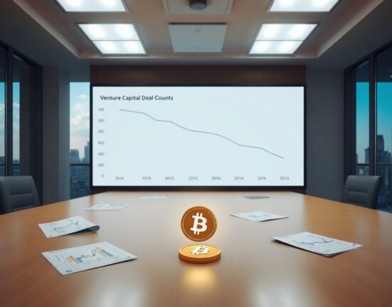 Boardroom with digital screen showing declining crypto VC deal count graph and a Bitcoin token on the table.