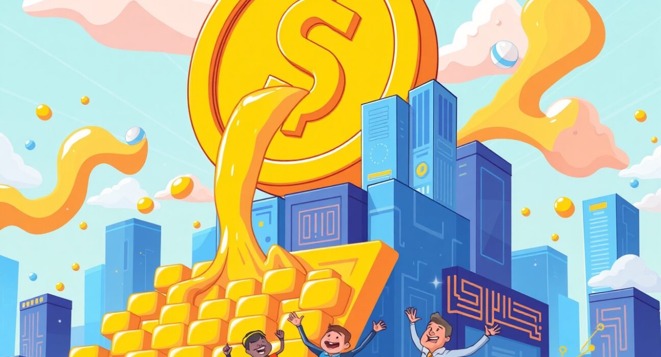 Cartoon illustration of massive crypto VC funding flowing into a vibrant blockchain cityscape.