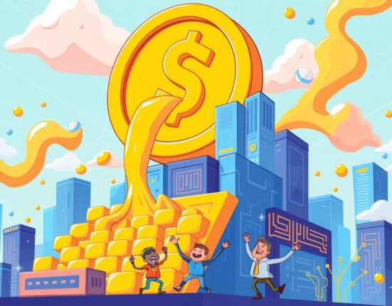 Cartoon illustration of massive crypto VC funding flowing into a vibrant blockchain cityscape.