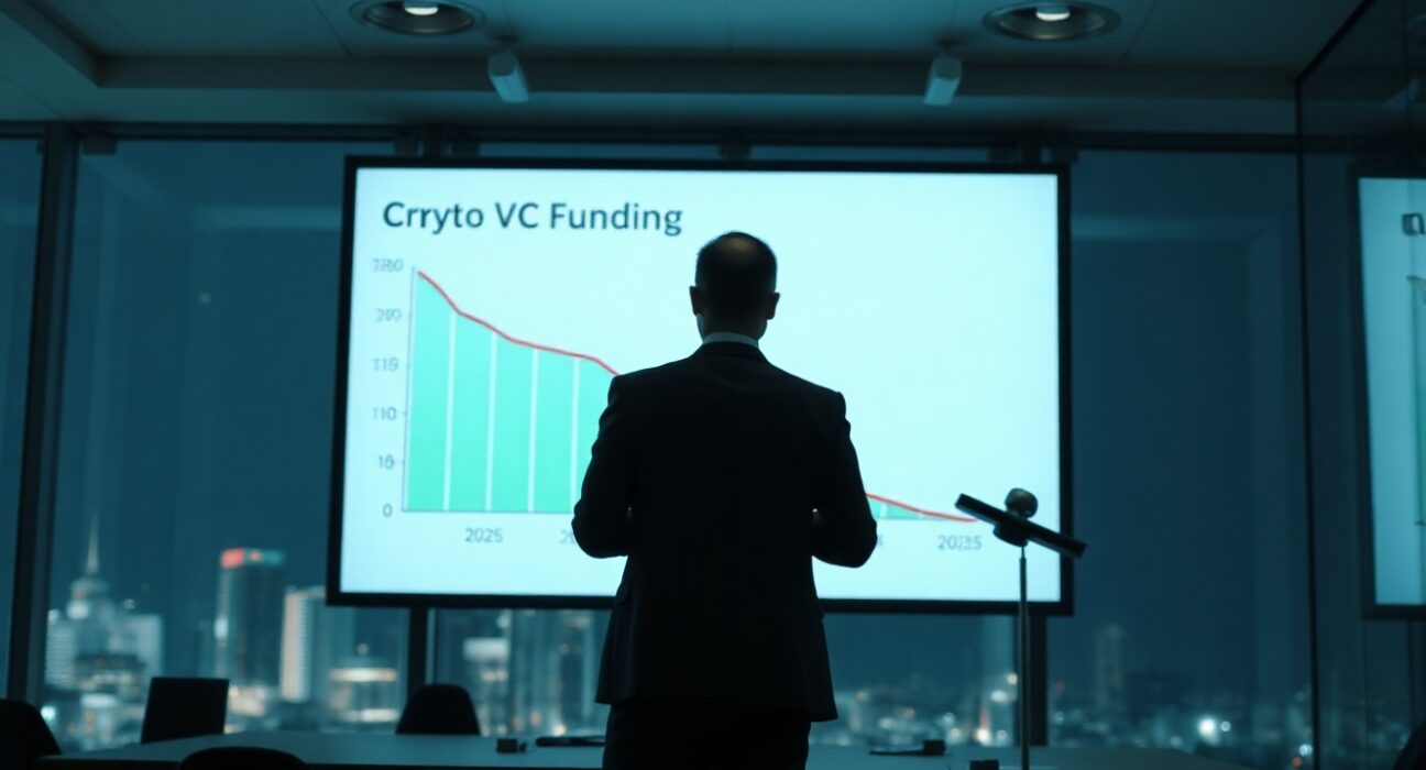 Downward trending graph of crypto venture capital funding on a digital display in a modern office