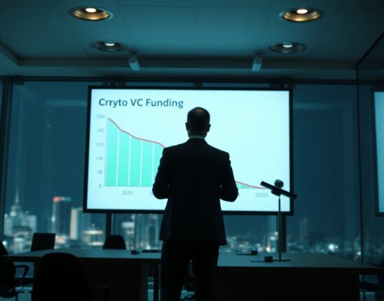 Downward trending graph of crypto venture capital funding on a digital display in a modern office