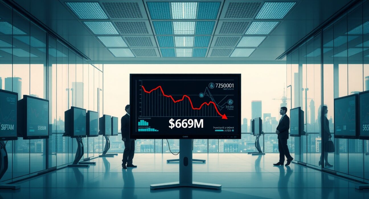 Crypto VC investment declines: dimly lit trading floor with monitors showing $659 million funding drop