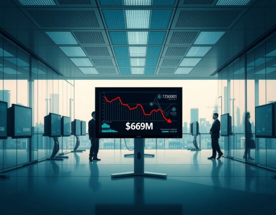 Crypto VC investment declines: dimly lit trading floor with monitors showing $659 million funding drop