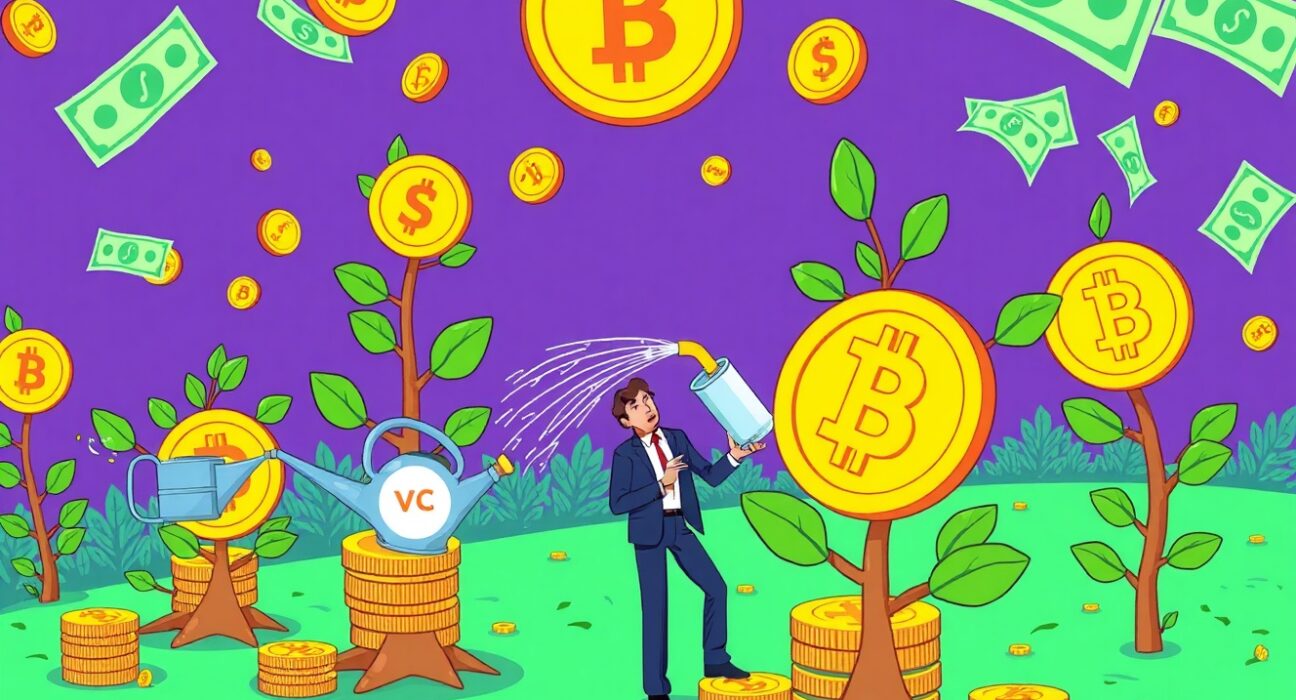 Vibrant cartoon showing crypto VC investment growth with money trees sprouting from digital coins