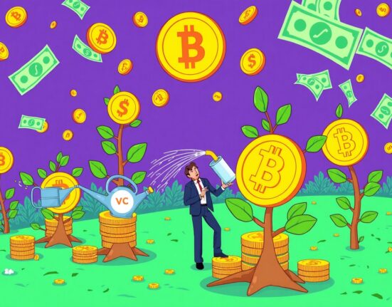 Vibrant cartoon showing crypto VC investment growth with money trees sprouting from digital coins