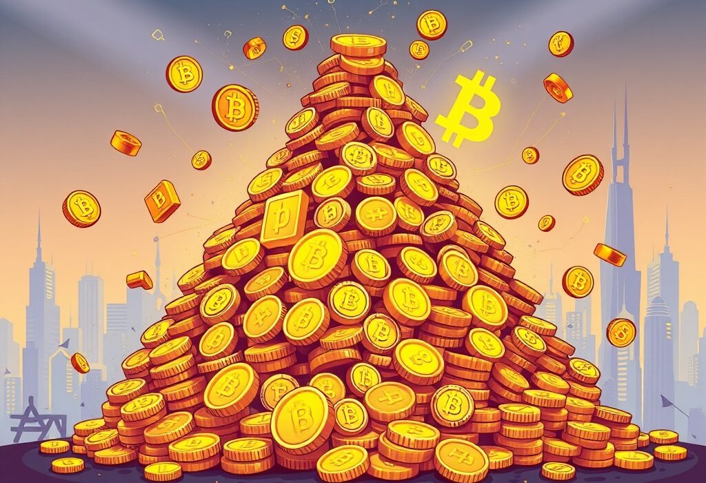 Cartoon illustration of immense crypto wealth, symbolizing the vast fortunes accumulated in the digital asset industry.