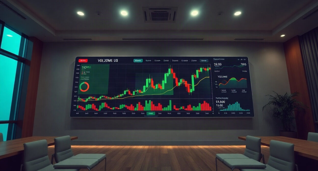 Cryptocurrency trading dashboard showing rising volume charts in a professional office setting
