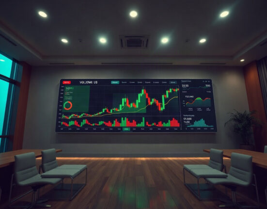 Cryptocurrency trading dashboard showing rising volume charts in a professional office setting