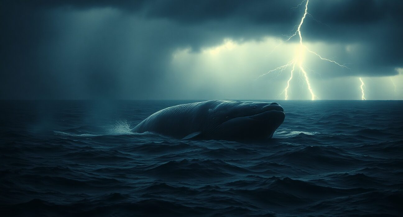 A whale swimming in a dark, stormy ocean representing a large Ethereum position facing losses.