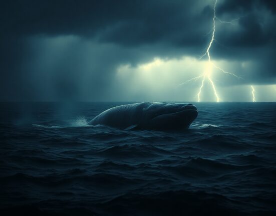 A whale swimming in a dark, stormy ocean representing a large Ethereum position facing losses.