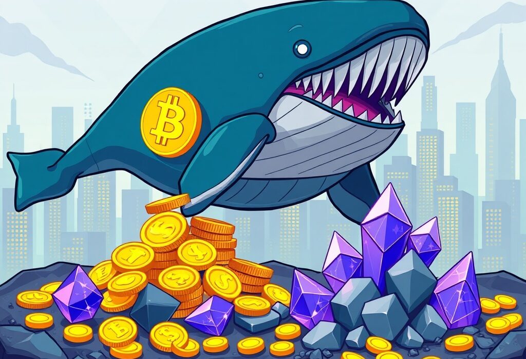 A cartoon whale moving digital assets, symbolizing a significant shift in crypto whale activity from Bitcoin to Ethereum.