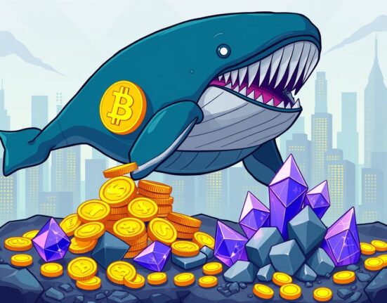 A cartoon whale moving digital assets, symbolizing a significant shift in crypto whale activity from Bitcoin to Ethereum.