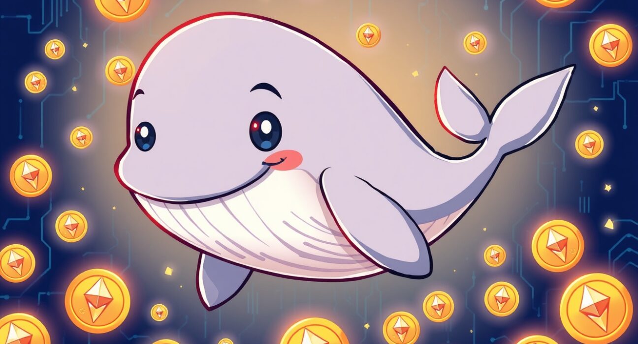 A cartoon crypto whale swimming through a sea of Ethereum coins, representing a large institutional purchase.