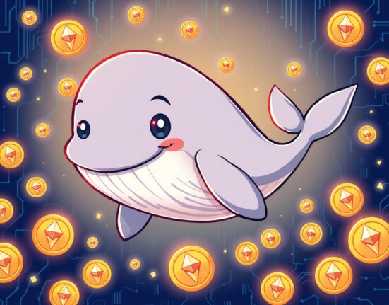A cartoon crypto whale swimming through a sea of Ethereum coins, representing a large institutional purchase.