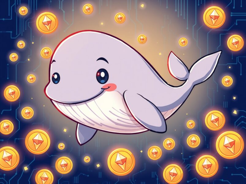 A cartoon crypto whale swimming through a sea of Ethereum coins, representing a large institutional purchase.