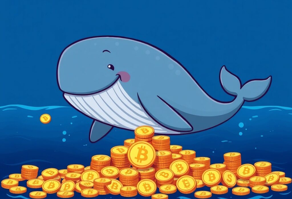 A cartoon crypto whale in deep sea exchanging Bitcoin coins for Ethereum coins, symbolizing a crypto whale BTC to ETH transaction.