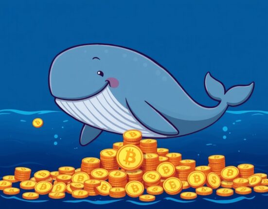 A cartoon crypto whale in deep sea exchanging Bitcoin coins for Ethereum coins, symbolizing a crypto whale BTC to ETH transaction.