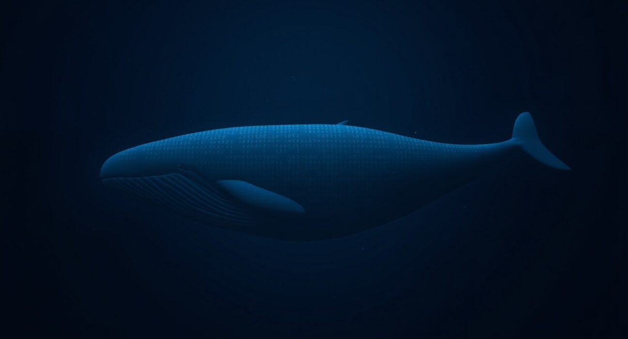 A digital whale with a blockchain grid overlay swimming in a dark ocean, representing a large cryptocurrency transaction.