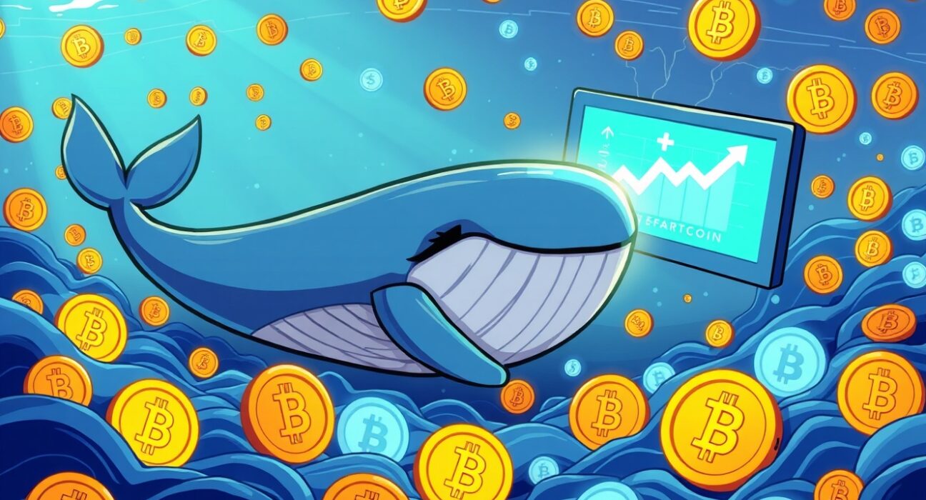 A cartoon crypto whale investor surrounded by rising cryptocurrency charts, symbolizing significant unrealized profit from long positions.