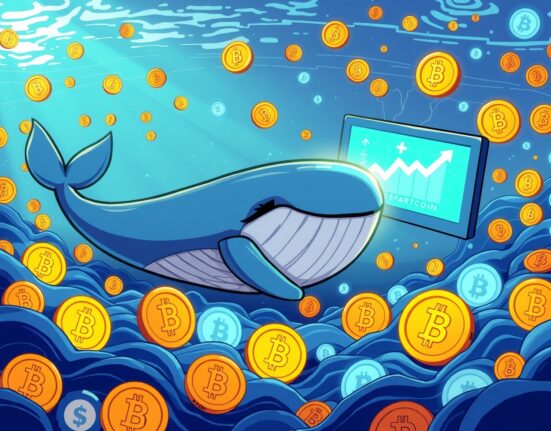 A cartoon crypto whale investor surrounded by rising cryptocurrency charts, symbolizing significant unrealized profit from long positions.