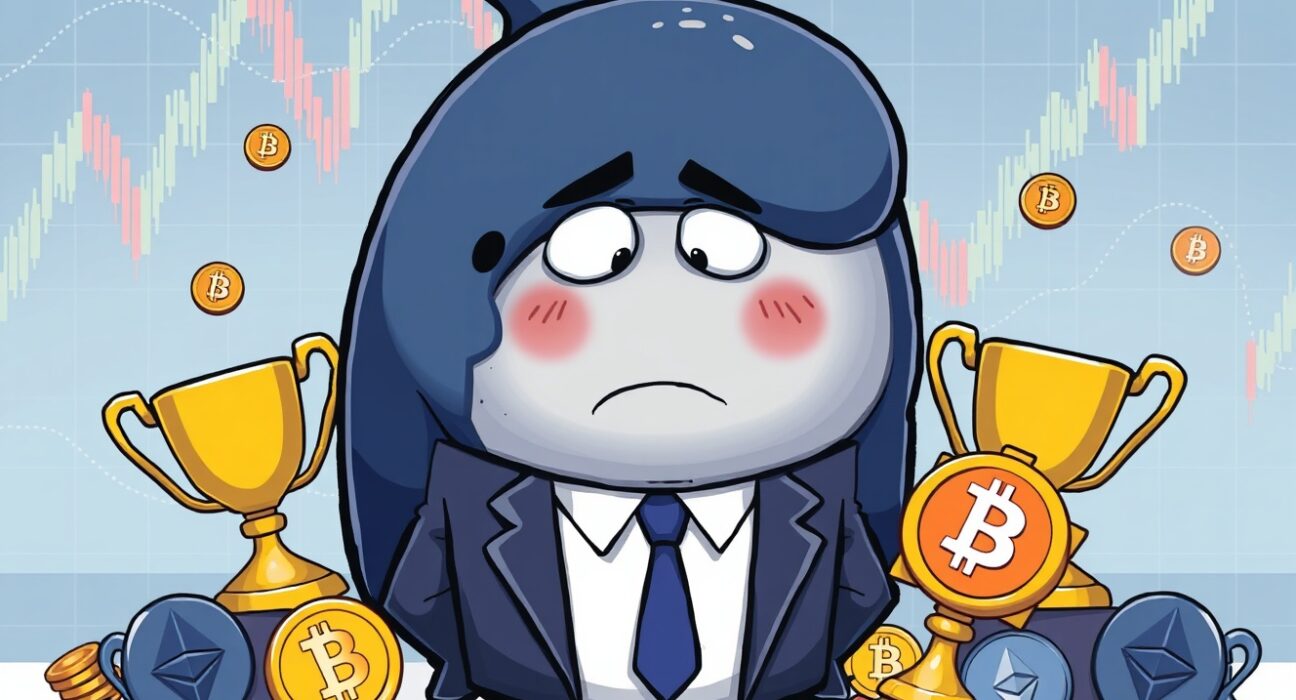 A surprised crypto whale investor watches their trading streak end, symbolizing a significant market loss.