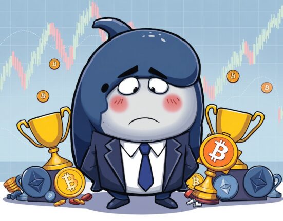 A surprised crypto whale investor watches their trading streak end, symbolizing a significant market loss.