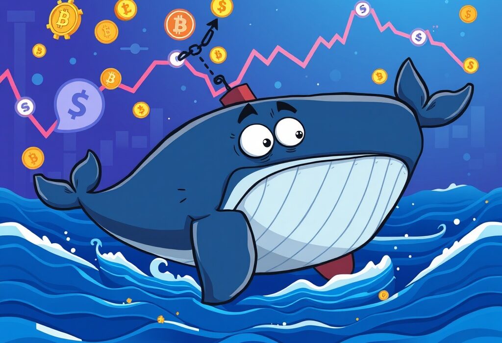 Cartoon illustration depicting a crypto whale taking defensive action to avoid a massive crypto whale liquidation event.