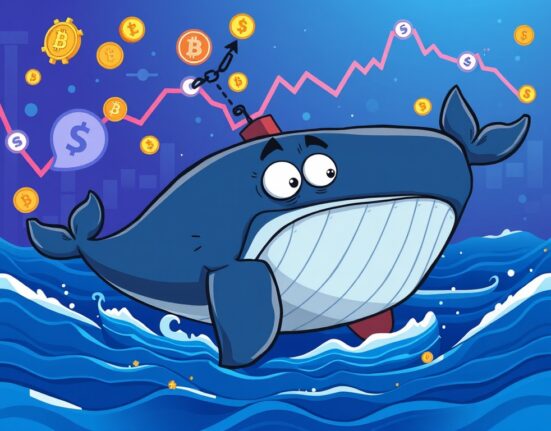 Cartoon illustration depicting a crypto whale taking defensive action to avoid a massive crypto whale liquidation event.