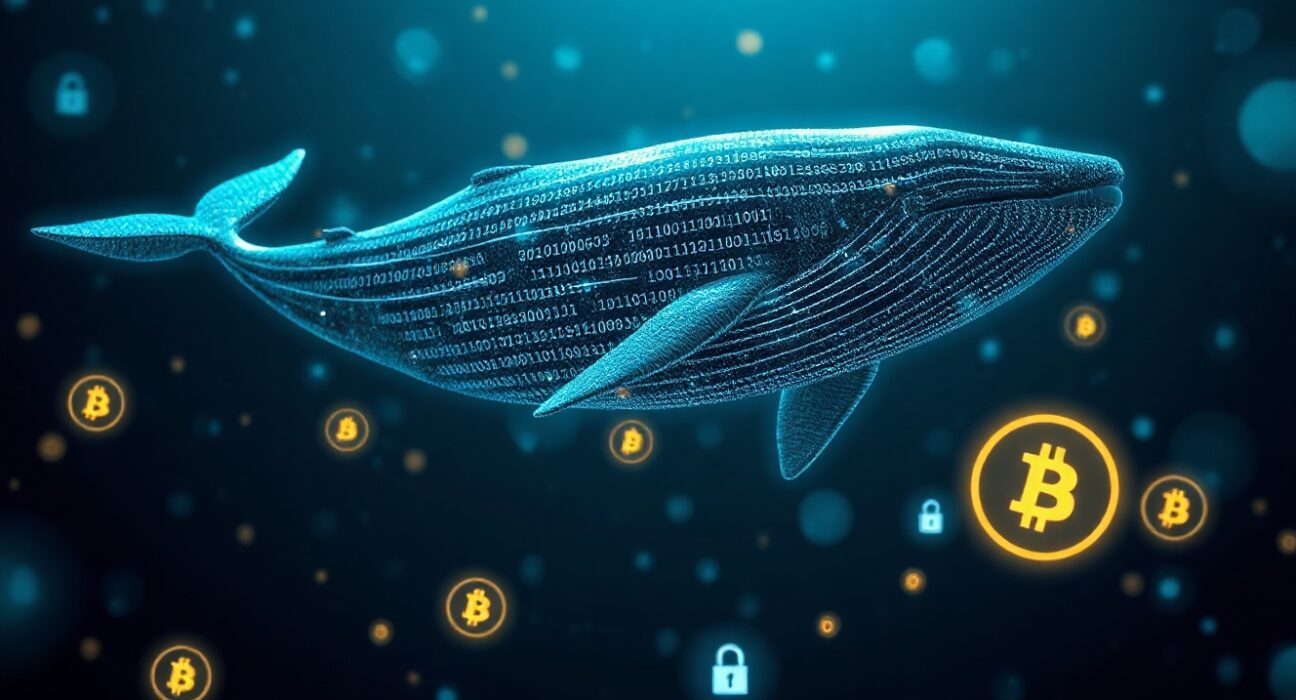 Digital whale symbolizing a crypto investor, surrounded by blockchain networks and security icons, illustrating a major hack.